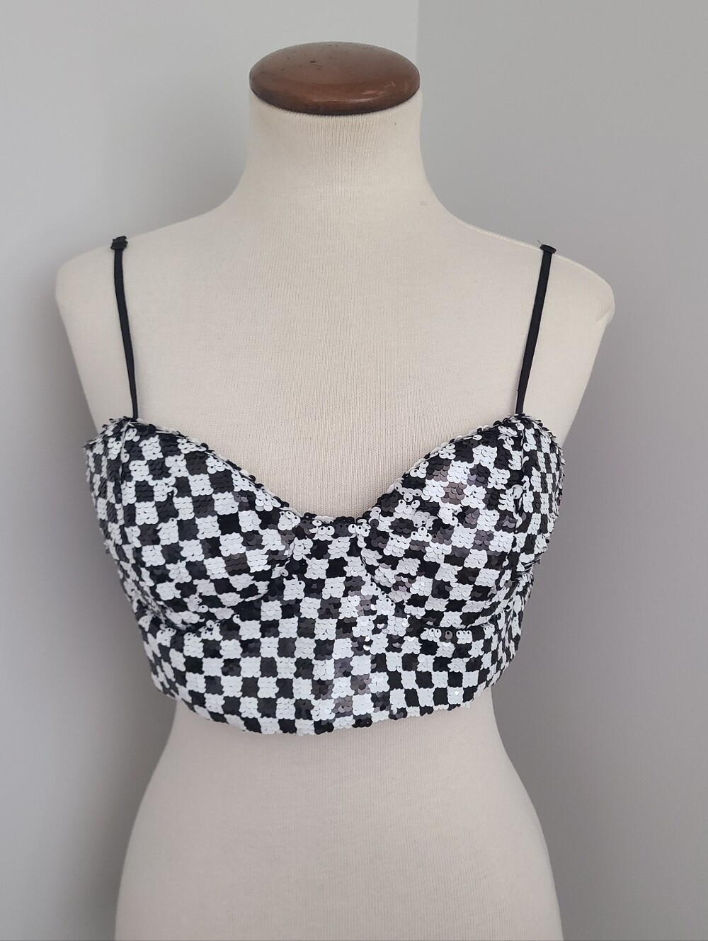Meraki Sequin Top Size L Checkered Bustier Corset Crop Cami Tank Halloween